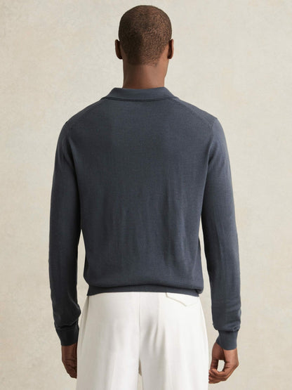 Reiss Deal - Merino Wool Open-Collar Polo Shirt in Midnight Navy