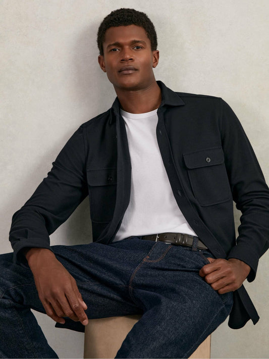 Reiss Textured Twin Pocket Cotton Blend Overshirt in Navy