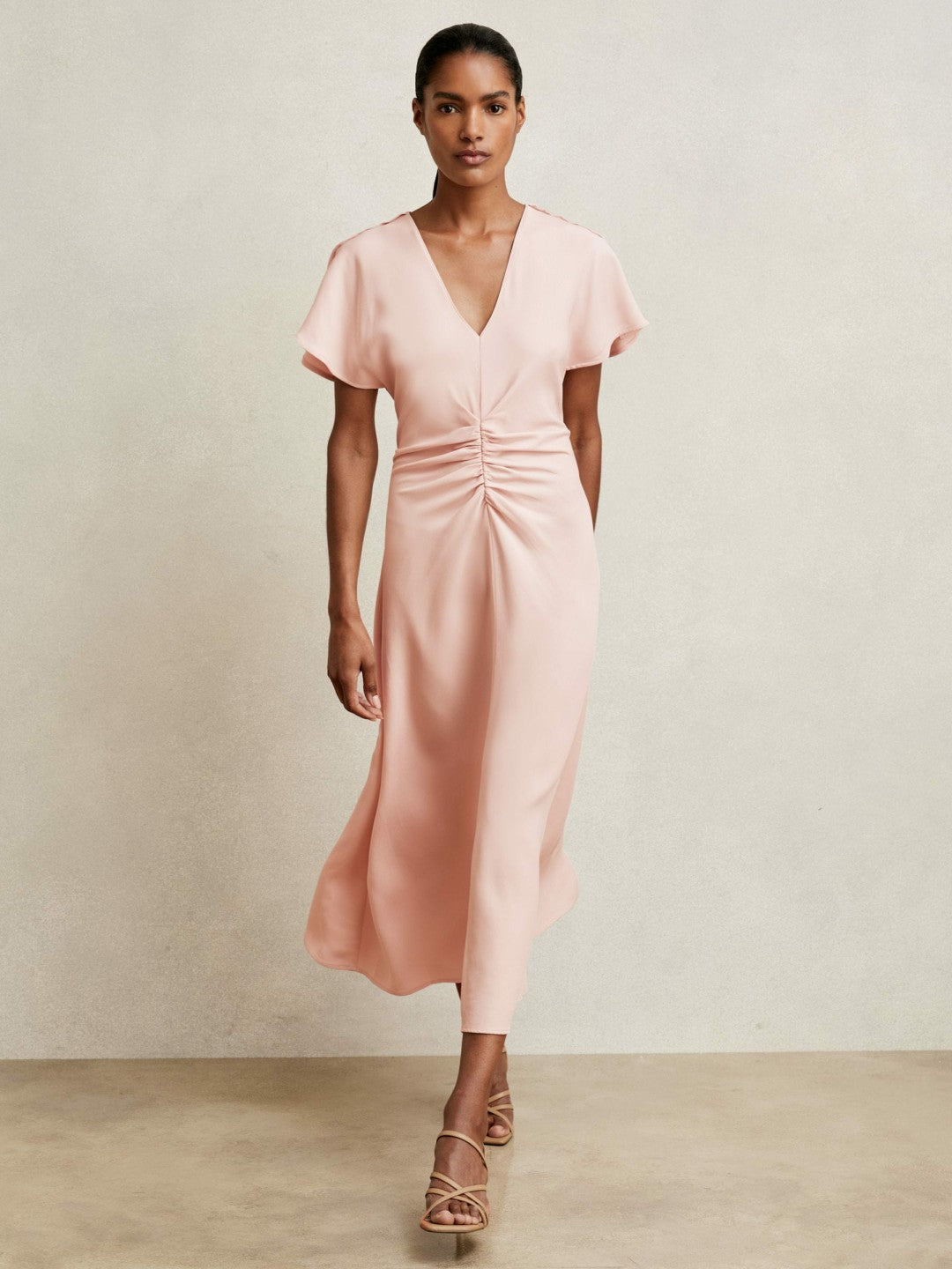Reiss Ruched-Front Midi Dress in Pale Pink