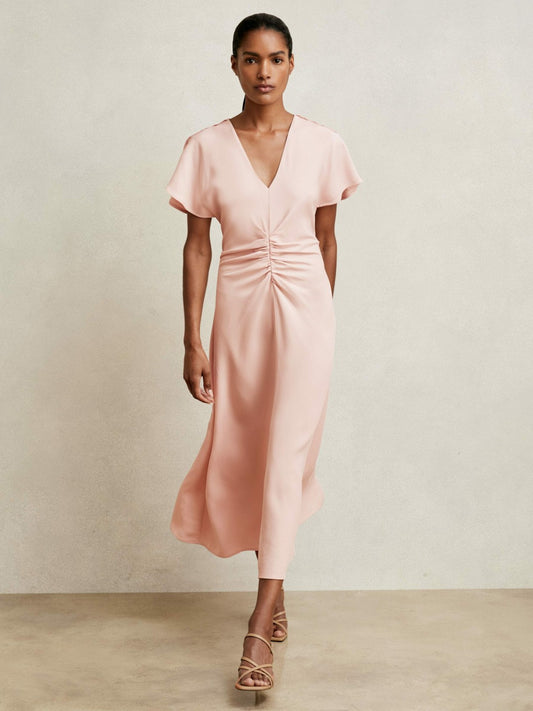 Reiss Ruched-Front Midi Dress in Pale Pink