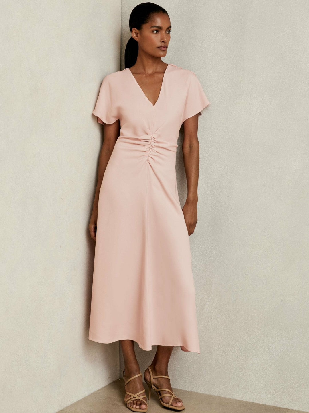 Reiss Ruched-Front Midi Dress in Pale Pink