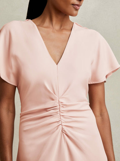 Reiss Ruched-Front Midi Dress in Pale Pink