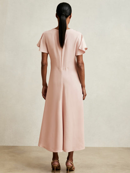 Reiss Ruched-Front Midi Dress in Pale Pink