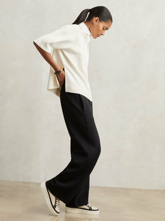 Reiss Affordable - Petite Wide-Leg Interlock Drawstring Joggers in Black