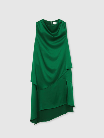 Reiss Satin Drape-Neck Layered Dress in Green