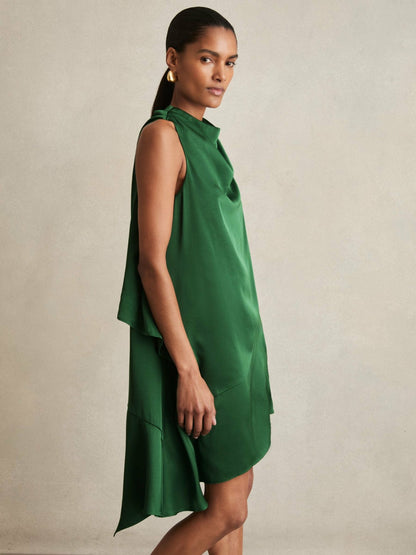 Reiss Satin Drape-Neck Layered Dress in Green