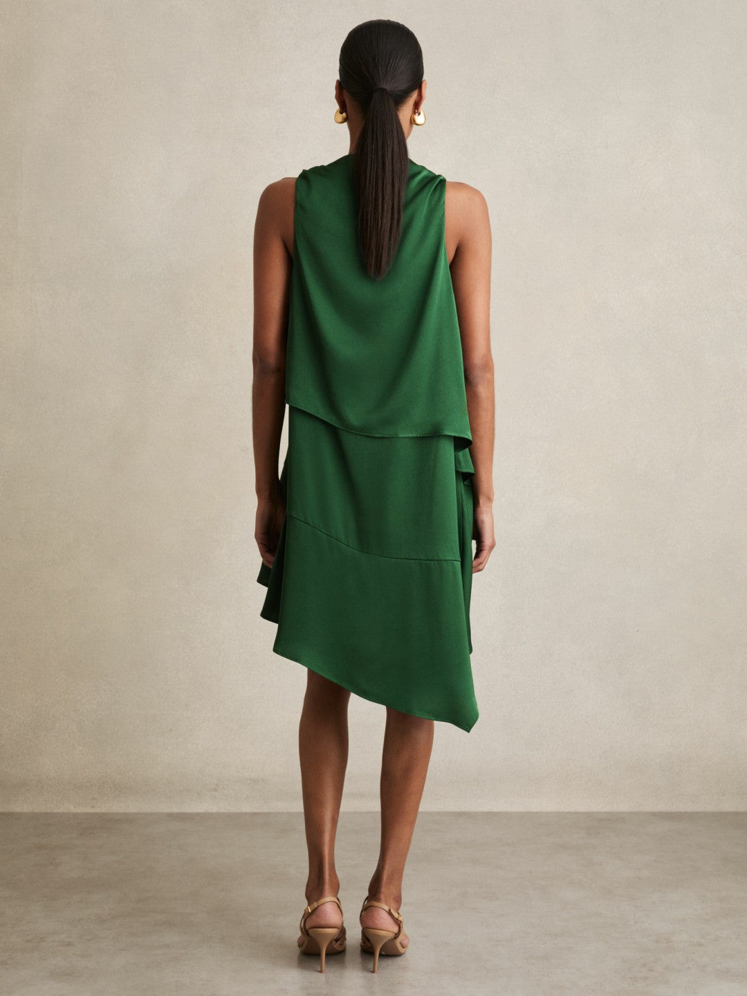 Reiss Satin Drape-Neck Layered Dress in Green