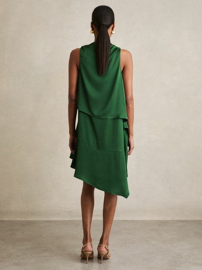 Reiss Satin Drape-Neck Layered Dress in Green