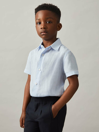 Reiss 9-13 yrs Short Sleeve Linen Shirt in Pale Blue