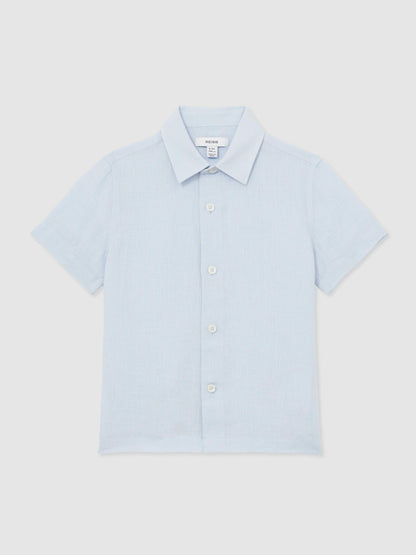 Reiss 9-13 yrs Short Sleeve Linen Shirt in Pale Blue