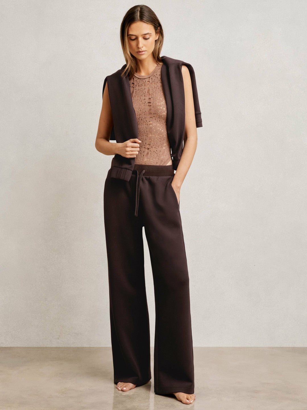 Reiss Affordable - Petite Wide-Leg Interlock Drawstring Joggers in Plum