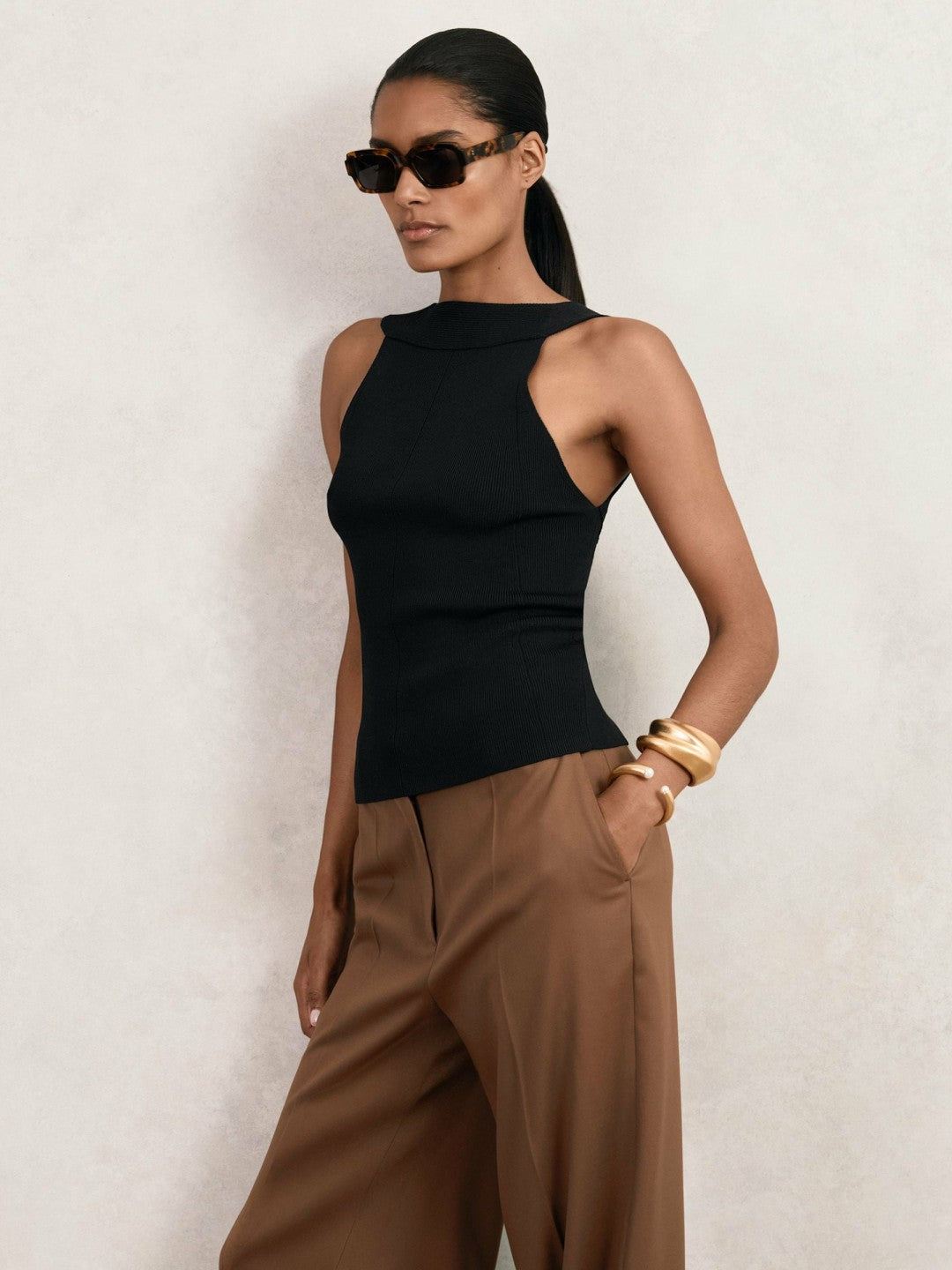 Reiss Low-Back Rib-Knit Vest in Black