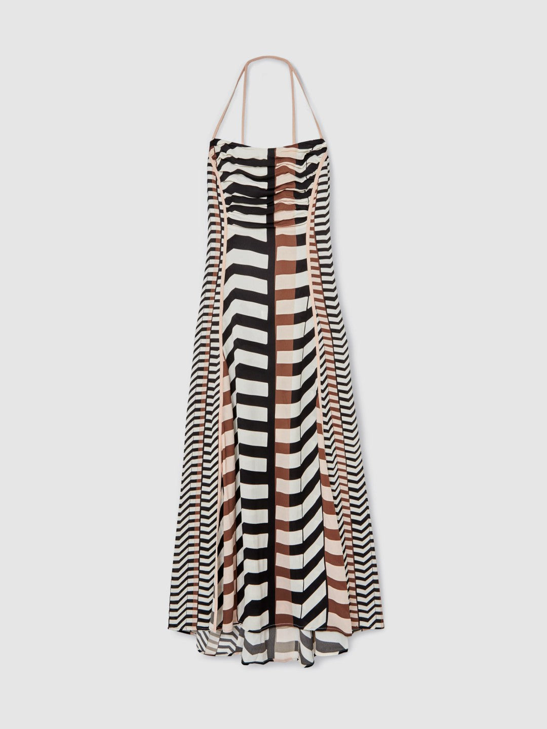Reiss Chevron-Stripe Ruched Midi Dress in Black/Brown