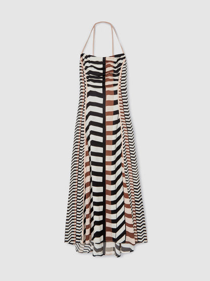Reiss Chevron-Stripe Ruched Midi Dress in Black/Brown