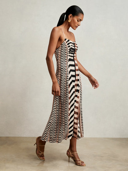 Reiss Chevron-Stripe Ruched Midi Dress in Black/Brown