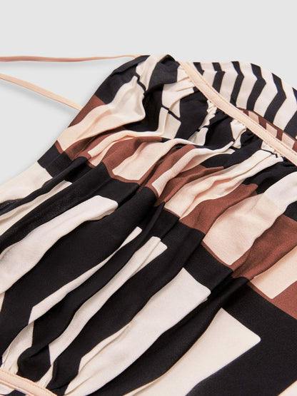 Reiss Chevron-Stripe Ruched Midi Dress in Black/Brown
