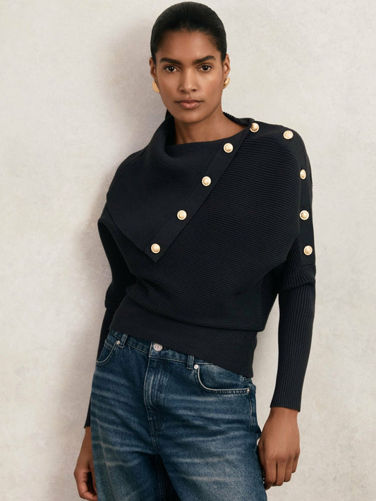 Reiss Best Seller - Rib-Knit Button Shawl Jumper in Navy