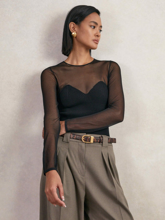 Reiss Best Seller - Mesh Knit Sweetheart Long-Sleeve Top in Black