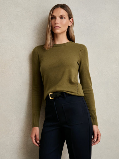 Reiss Wool-Blend Open-Stitch Jumper with Cashmere in Khaki Green