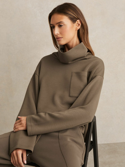 Reiss Savings - Interlock Jersey Funnel Neck Sweatshirt in Khaki Green