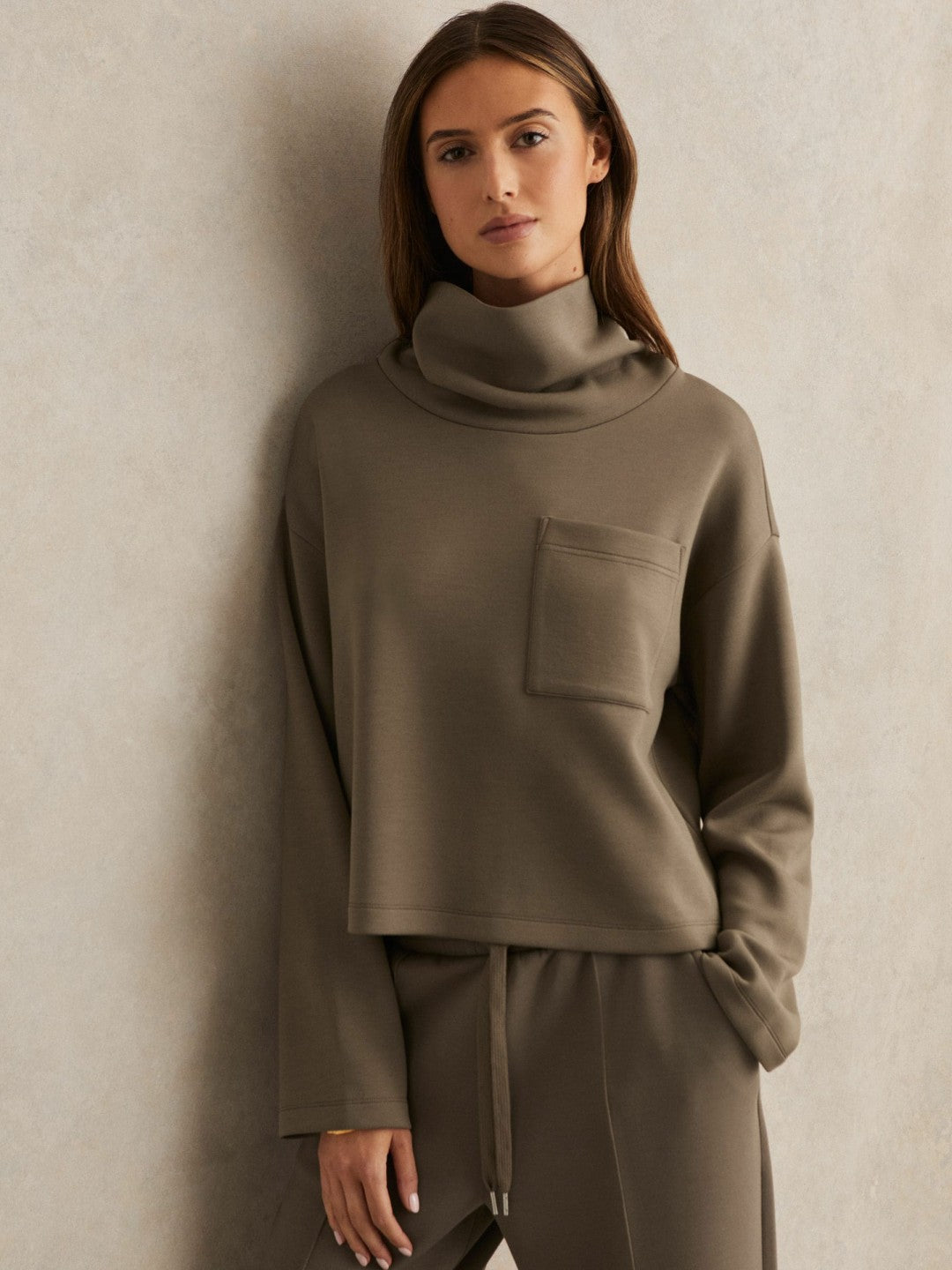 Reiss Savings - Interlock Jersey Funnel Neck Sweatshirt in Khaki Green