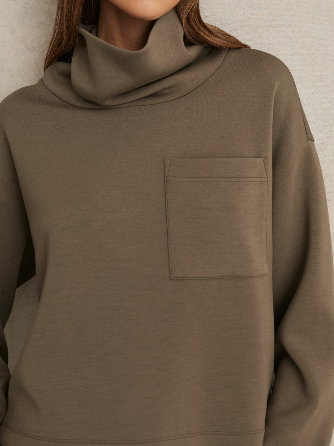 Reiss Savings - Interlock Jersey Funnel Neck Sweatshirt in Khaki Green