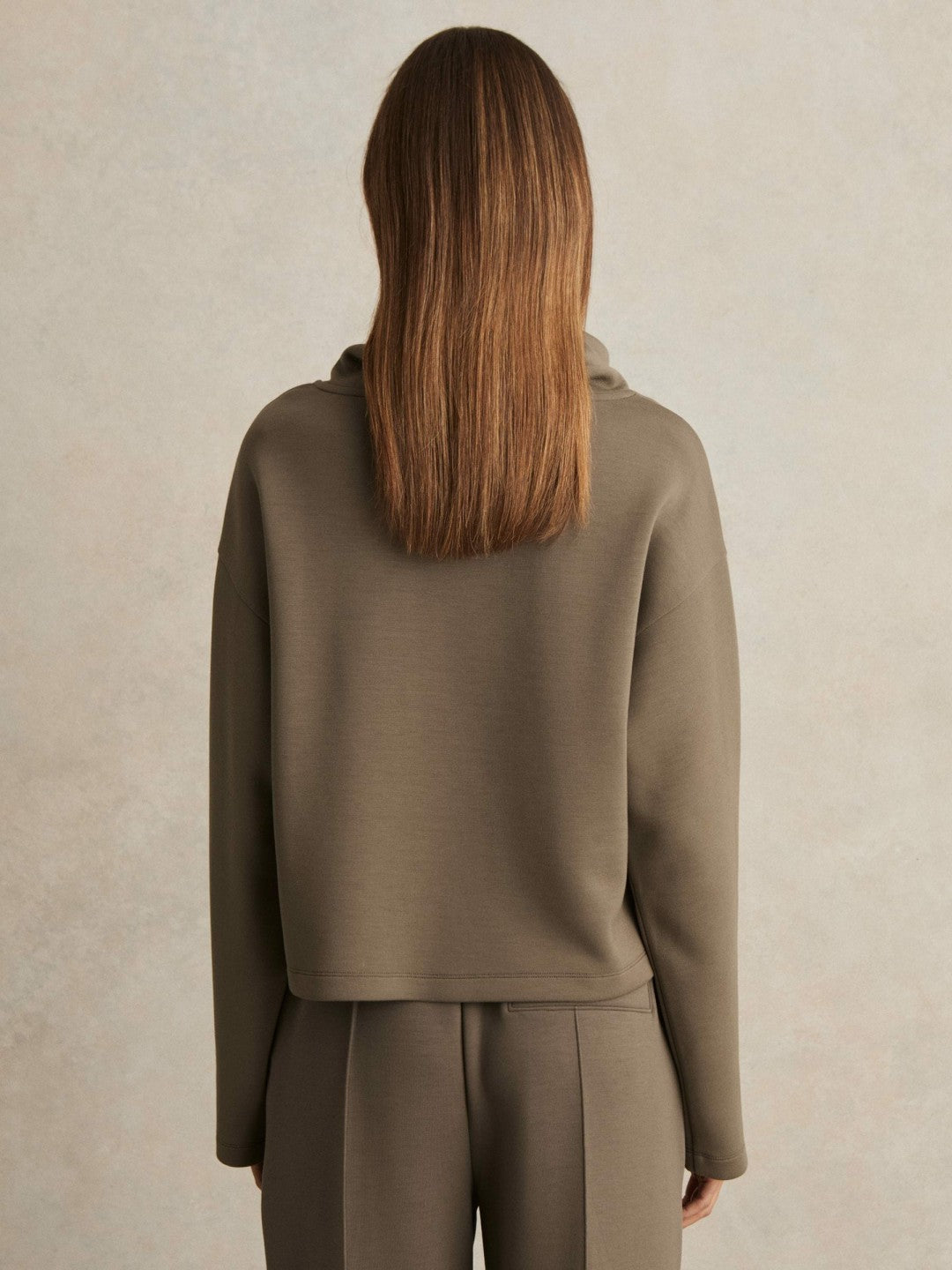 Reiss Savings - Interlock Jersey Funnel Neck Sweatshirt in Khaki Green