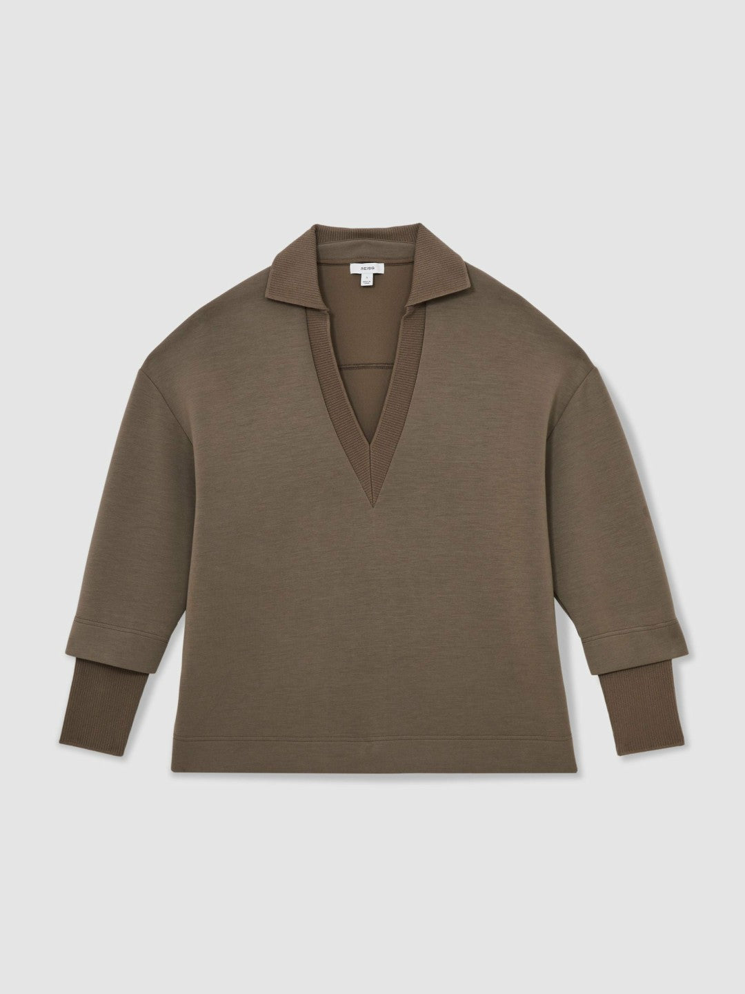 Reiss Savings - Interlock Open-Collar Sweatshirt in Khaki Green