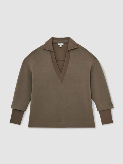 Reiss Savings - Interlock Open-Collar Sweatshirt in Khaki Green