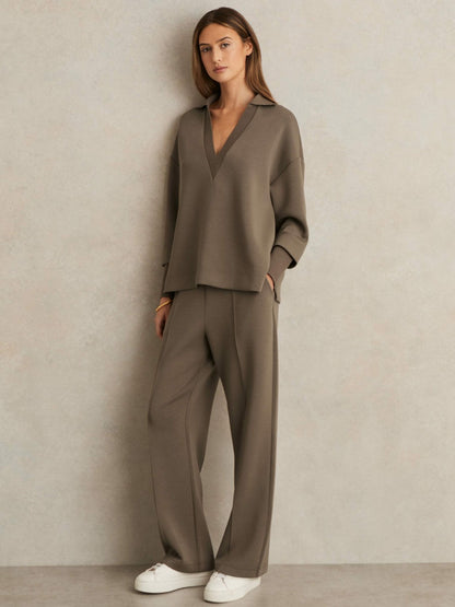 Reiss Savings - Interlock Open-Collar Sweatshirt in Khaki Green