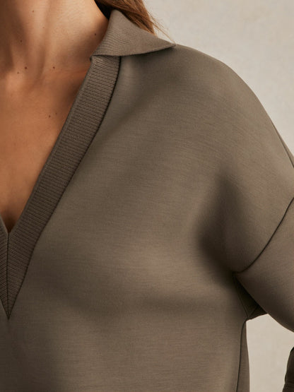 Reiss Savings - Interlock Open-Collar Sweatshirt in Khaki Green