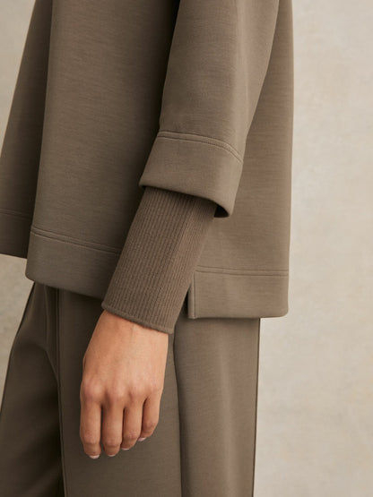 Reiss Savings - Interlock Open-Collar Sweatshirt in Khaki Green