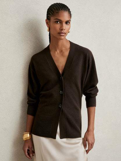 Reiss Wool-Blend Fitted Cardigan With Cashmere in Chocolate