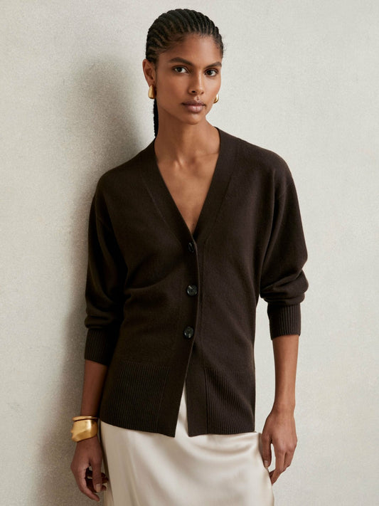 Reiss Popular Choice - Wool-Blend Fitted Cardigan With Cashmere in Chocolate