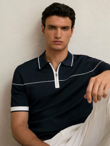 Reiss Best Seller - Half Zip Tipped Polo Shirt in Navy/White