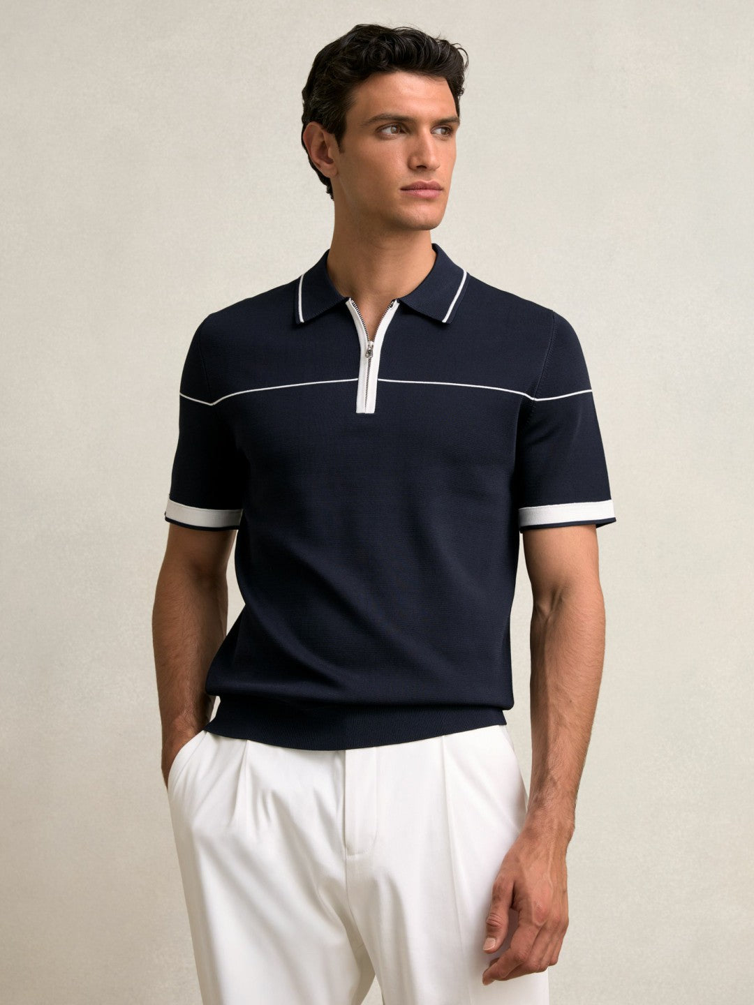 Reiss Best Seller - Half Zip Tipped Polo Shirt in Navy/White
