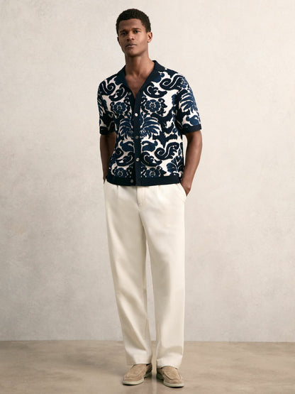 Reiss Offer - Paisley Jacquard Knit Shirt in Navy Blue/White