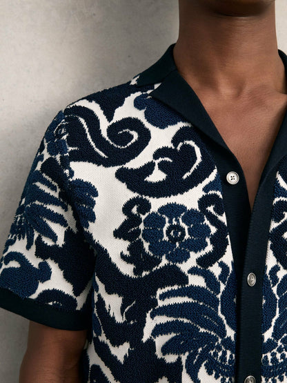 Reiss Offer - Paisley Jacquard Knit Shirt in Navy Blue/White