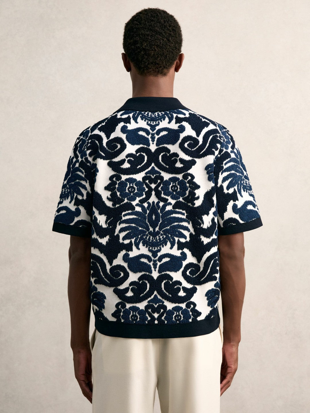 Reiss Offer - Paisley Jacquard Knit Shirt in Navy Blue/White