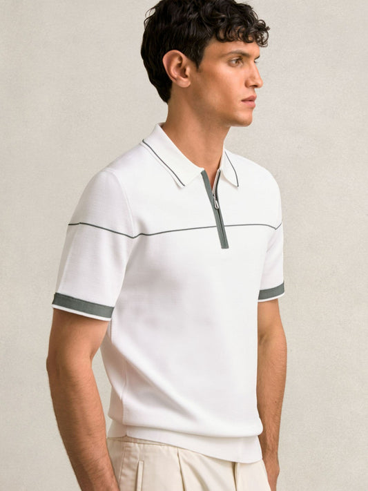 Reiss Sale - Half Zip Tipped Polo Shirt in White/Green