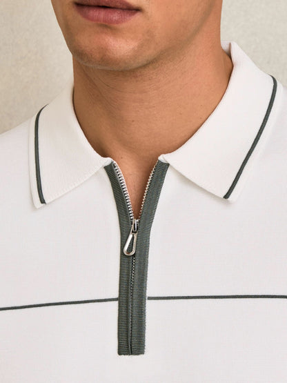 Reiss Sale - Half Zip Tipped Polo Shirt in White/Green