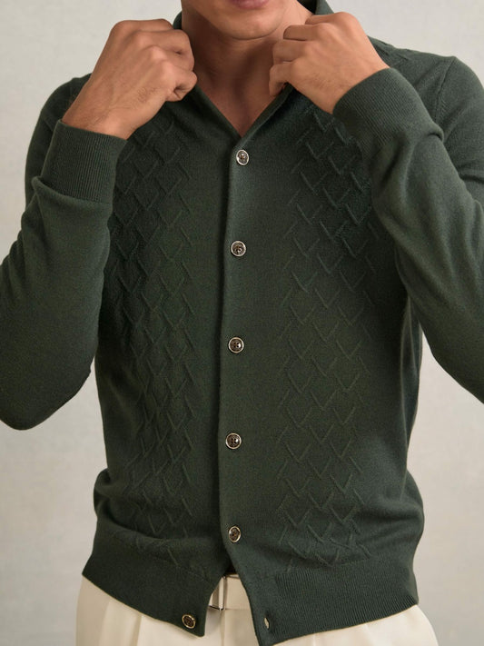Reiss Featured - Wool V-Stitch Button-Through Cardigan in Forest Green