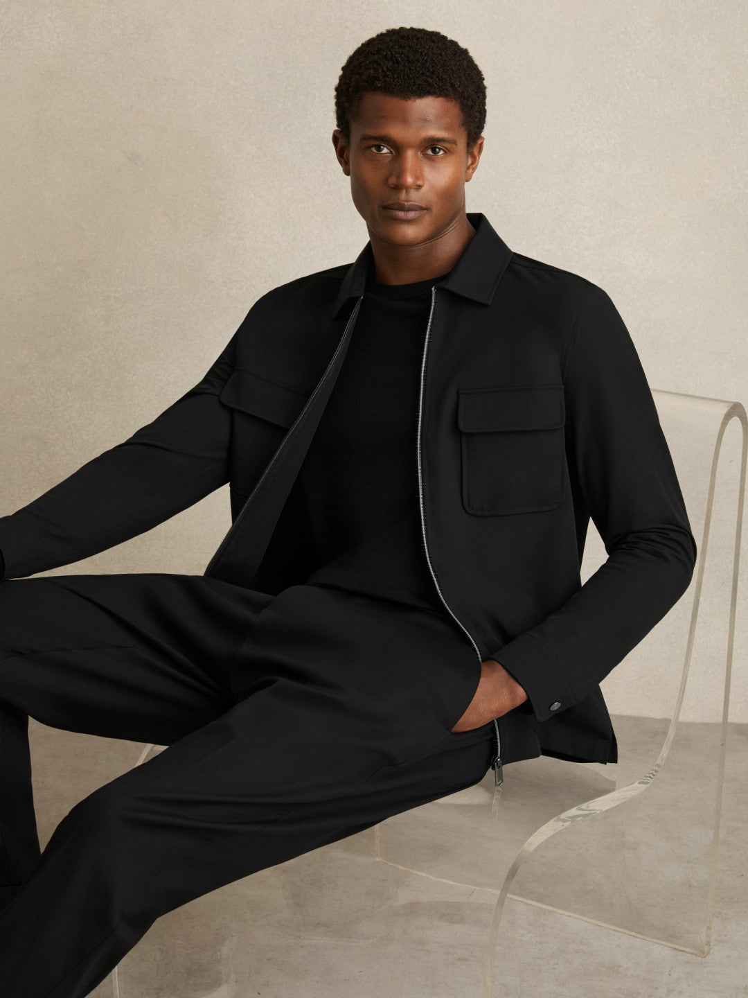 Reiss Offer - Technical Zip-Through Overshirt in Black