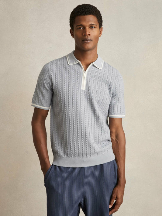 Reiss Deal - Micro-Cable Half-Zip Polo Shirt in Soft Blue