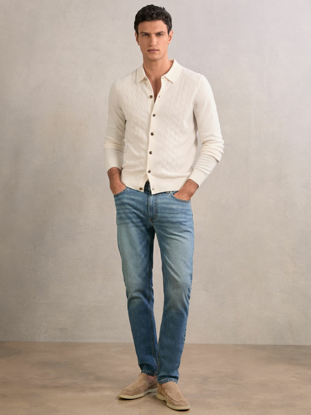 Reiss Offer - Wool V-Stitch Button-Through Cardigan in Off White