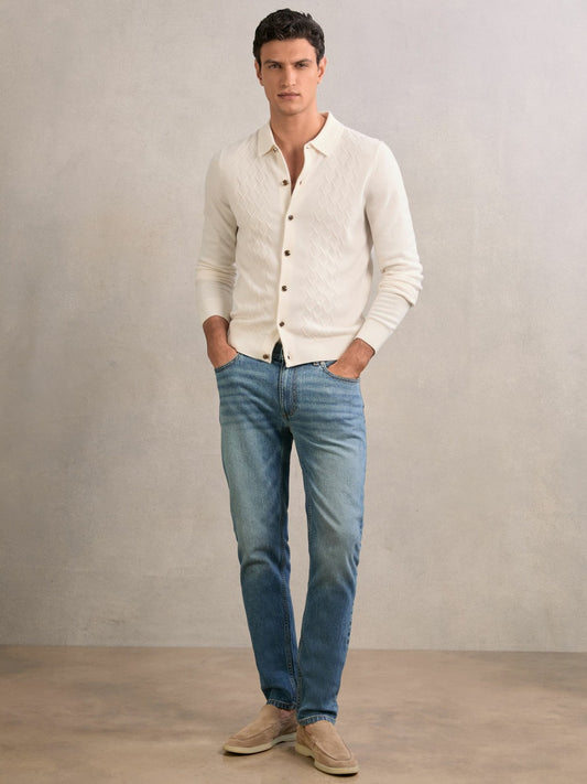 Reiss Offer - Wool V-Stitch Button-Through Cardigan in Off White