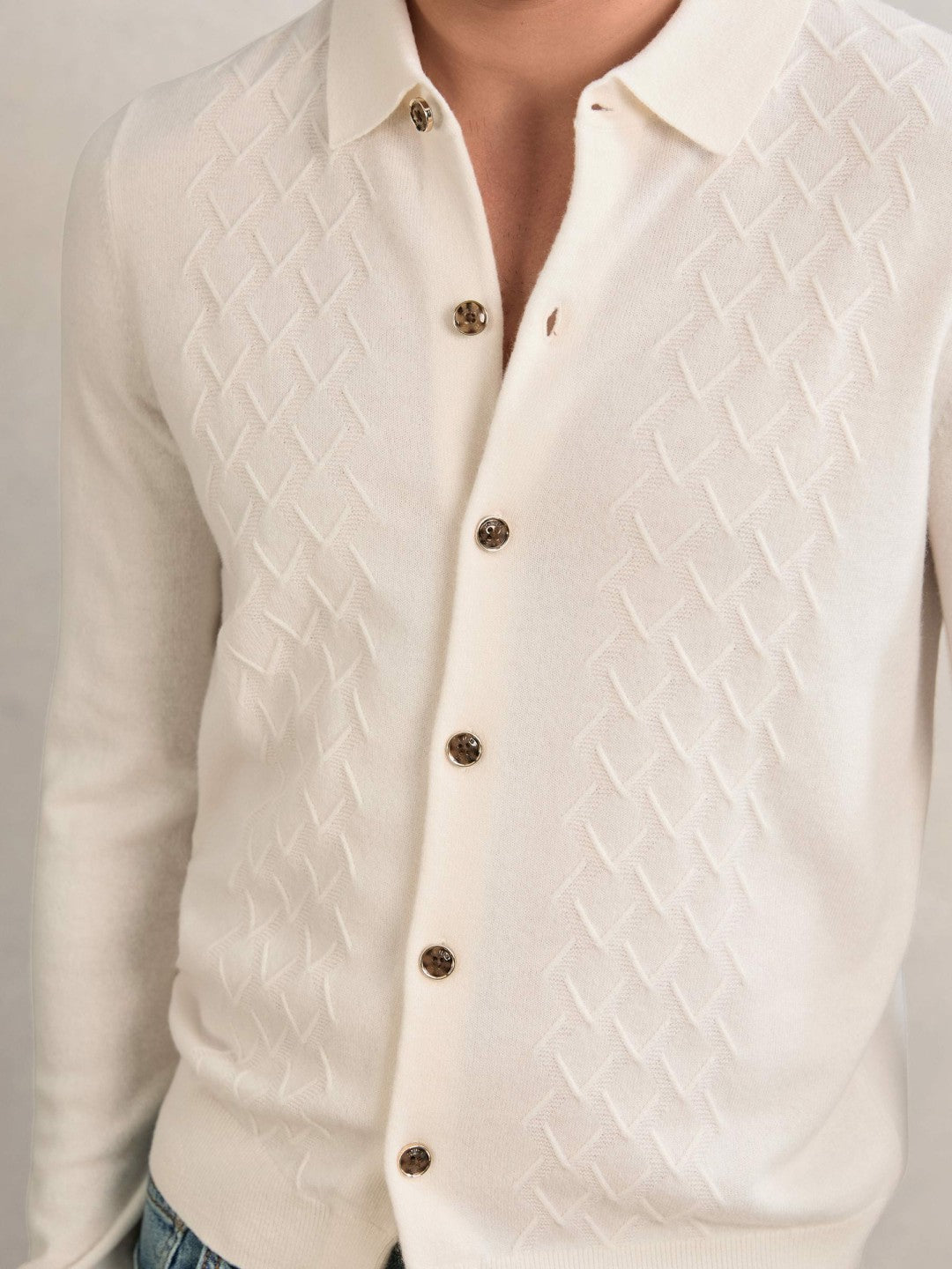Reiss Offer - Wool V-Stitch Button-Through Cardigan in Off White
