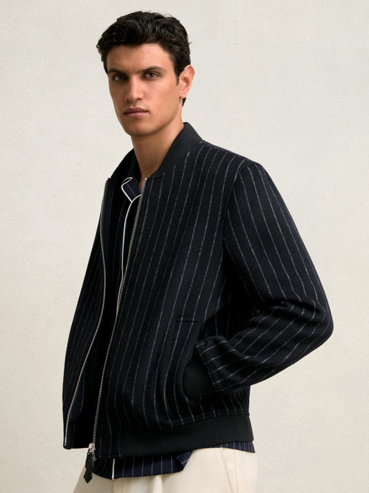 Reiss Affordable - Wool-Blend Chalk-Stripe Bomber Jacket in Navy