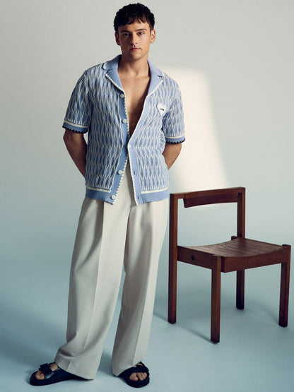 Reiss Affordable - Tom Daley Wave-Knit Shirt in Soft Blue/White