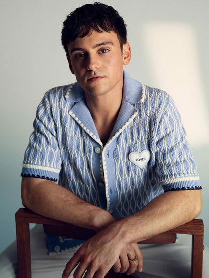 Reiss Affordable - Tom Daley Wave-Knit Shirt in Soft Blue/White